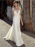 Illusion Neckline Lace Applique Mermaid Cap Sleeve Floor Length Gown