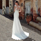 Illusion Neckline Lace Applique Mermaid Cap Sleeve Floor Length Gown