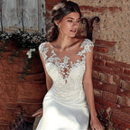 Illusion Neckline Lace Applique Mermaid Cap Sleeve Floor Length Gown
