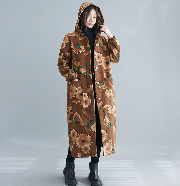 | Long cotton winter coat with hood