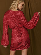 Sequin Wrap V-Neck Bishop Sleeve Bodycon Mini Dress