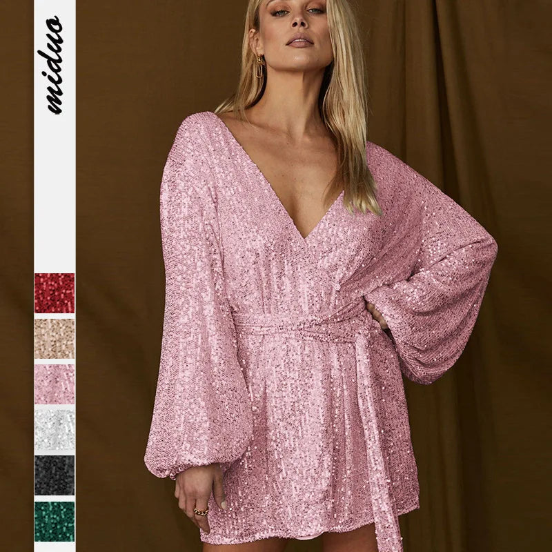 Sequin Wrap V-Neck Bishop Sleeve Bodycon Mini Dress