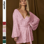 Sequin Wrap V-Neck Bishop Sleeve Bodycon Mini Dress