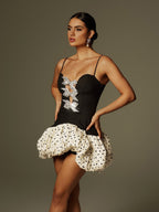 Polka Dot Bubble Hem Corset Bodice Bow Embellished Spaghetti Strap Mini Dress