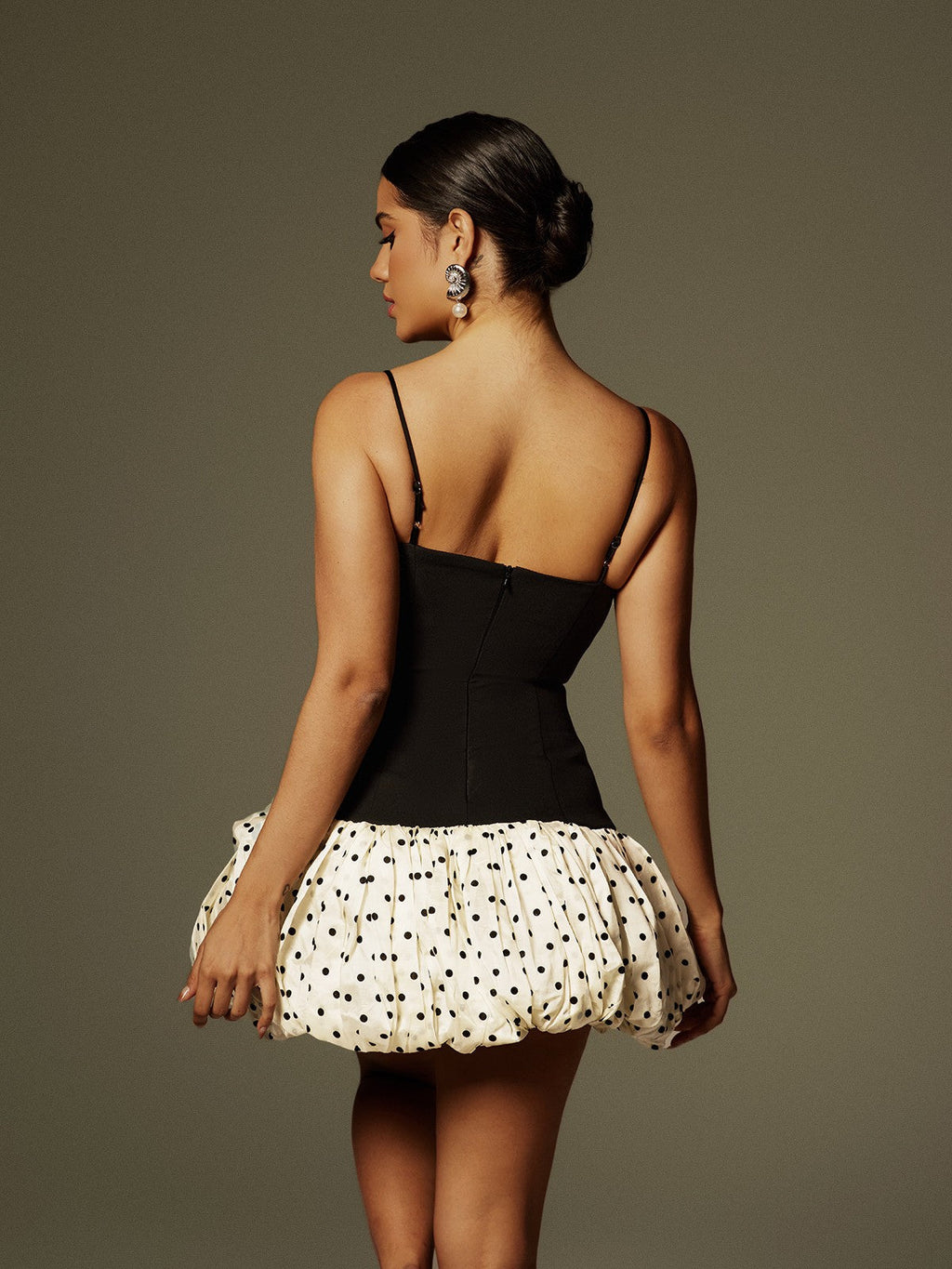 Polka Dot Bubble Hem Corset Bodice Bow Embellished Spaghetti Strap Mini Dress
