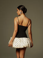 Polka Dot Bubble Hem Corset Bodice Bow Embellished Spaghetti Strap Mini Dress