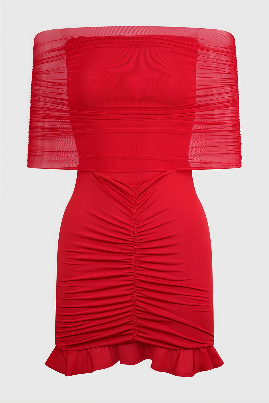 Elisd Red Slinky Mesh Off Shoulder Mini Dress