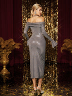 Off Shoulder Rhinestone Embellished Bell Cuff Bodycon Midi Dress