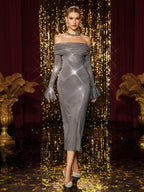 Off Shoulder Rhinestone Embellished Bell Cuff Bodycon Midi Dress