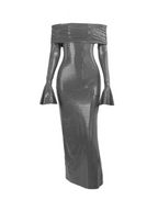 Off Shoulder Rhinestone Embellished Bell Cuff Bodycon Midi Dress