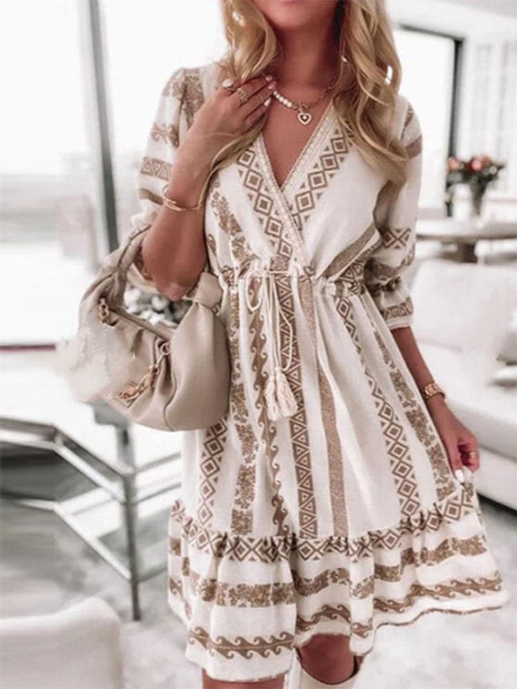 Geometric Print Deep V-Neck Drawstring Tassel Long Sleeve Mini Dress