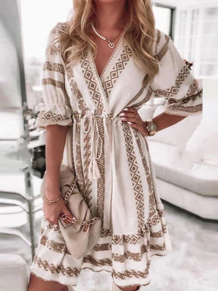 Geometric Print Deep V-Neck Drawstring Tassel Long Sleeve Mini Dress