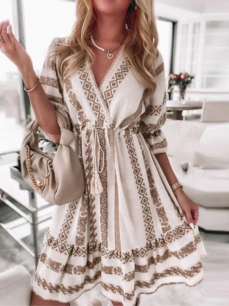 Geometric Print Deep V-Neck Drawstring Tassel Long Sleeve Mini Dress