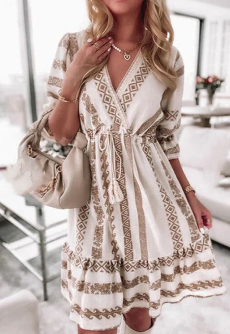 Geometric Print Deep V-Neck Drawstring Tassel Long Sleeve Mini Dress