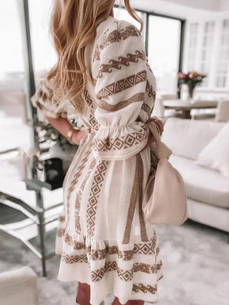 Geometric Print Deep V-Neck Drawstring Tassel Long Sleeve Mini Dress