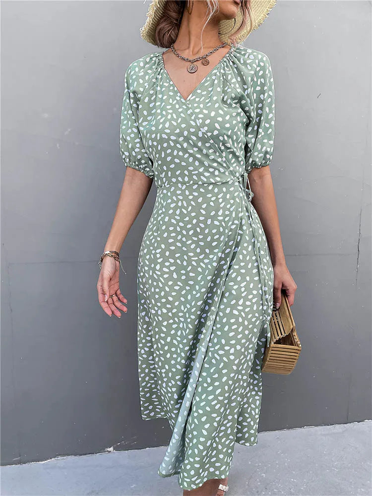 Polka Dot Wrap V-Neck Puff Sleeve Tie Waist Midi Dress