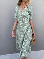 Polka Dot Wrap V-Neck Puff Sleeve Tie Waist Midi Dress
