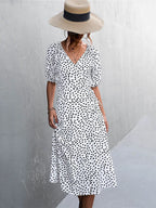 Polka Dot Wrap V-Neck Puff Sleeve Tie Waist Midi Dress