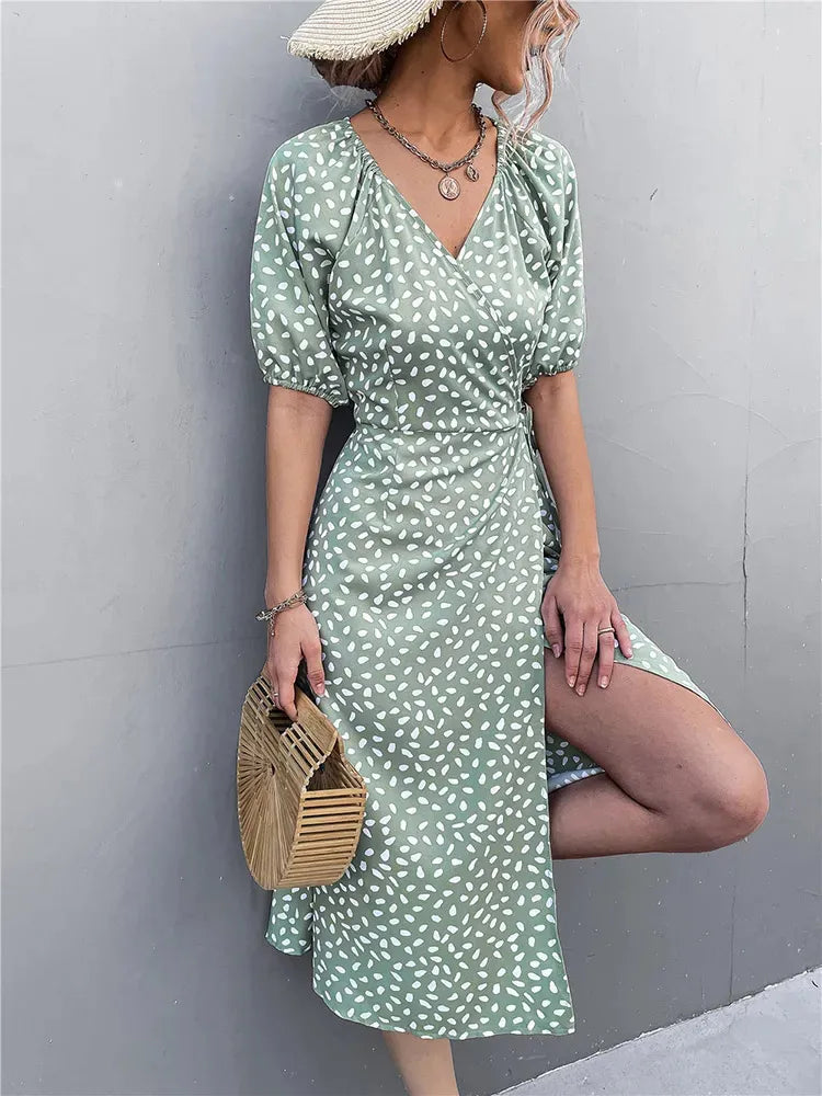 Polka Dot Wrap V-Neck Puff Sleeve Tie Waist Midi Dress