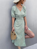Polka Dot Wrap V-Neck Puff Sleeve Tie Waist Midi Dress