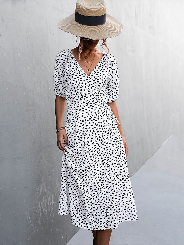 Polka Dot Wrap V-Neck Puff Sleeve Tie Waist Midi Dress