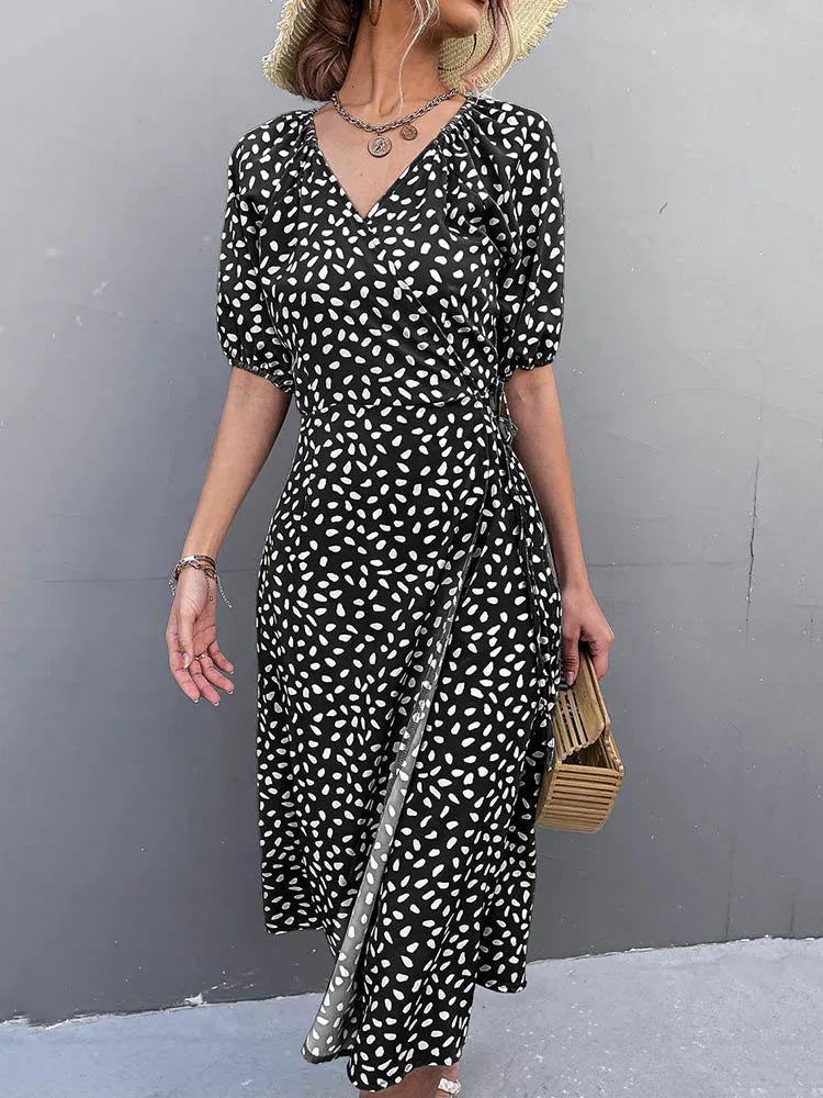 Polka Dot Wrap V-Neck Puff Sleeve Tie Waist Midi Dress