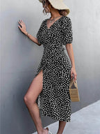 Polka Dot Wrap V-Neck Puff Sleeve Tie Waist Midi Dress