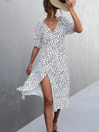 Polka Dot Wrap V-Neck Puff Sleeve Tie Waist Midi Dress