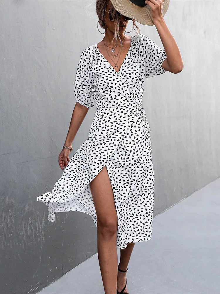 Polka Dot Wrap V-Neck Puff Sleeve Tie Waist Midi Dress