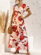 Off Shoulder Shirred Smocked Bodice Ruffle Sleeve Floral Print Maxi Dress