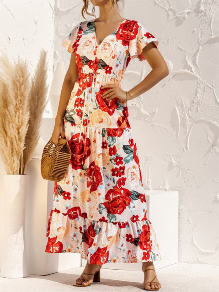 Off Shoulder Shirred Smocked Bodice Ruffle Sleeve Floral Print Maxi Dress