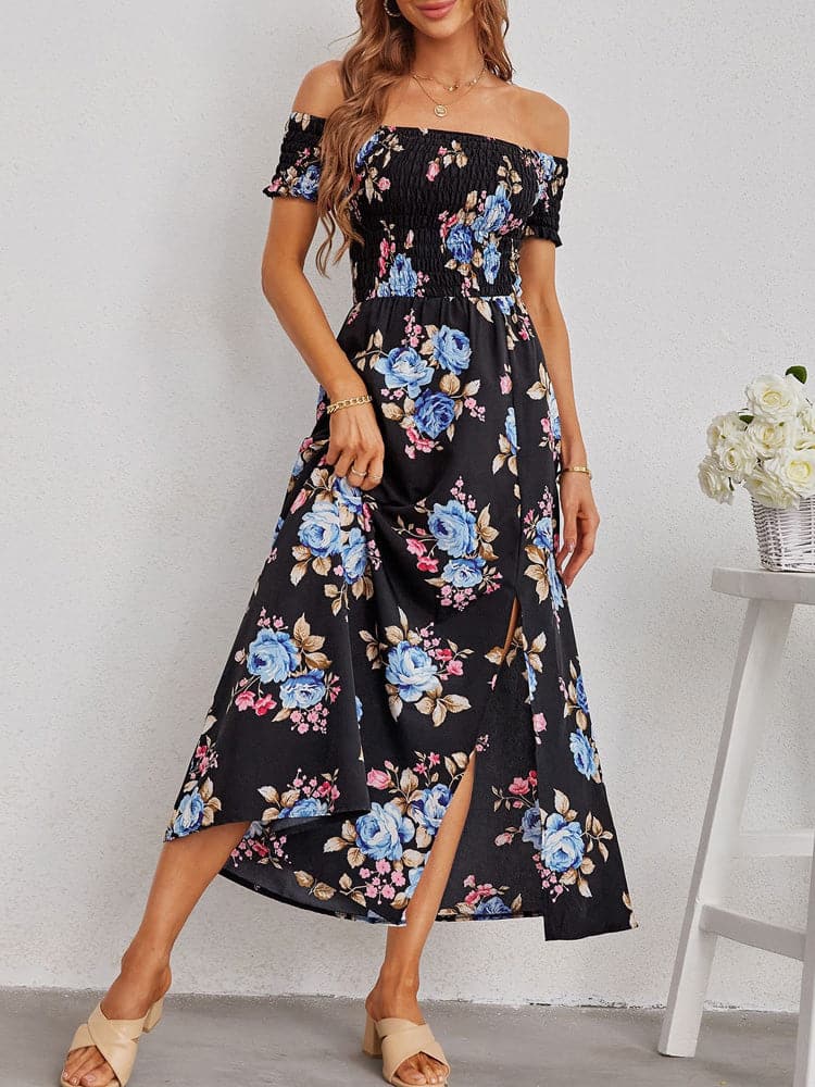 Off Shoulder Shirred Smocked Bodice Ruffle Sleeve Floral Print Maxi Dress