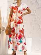 Off Shoulder Shirred Smocked Bodice Ruffle Sleeve Floral Print Maxi Dress