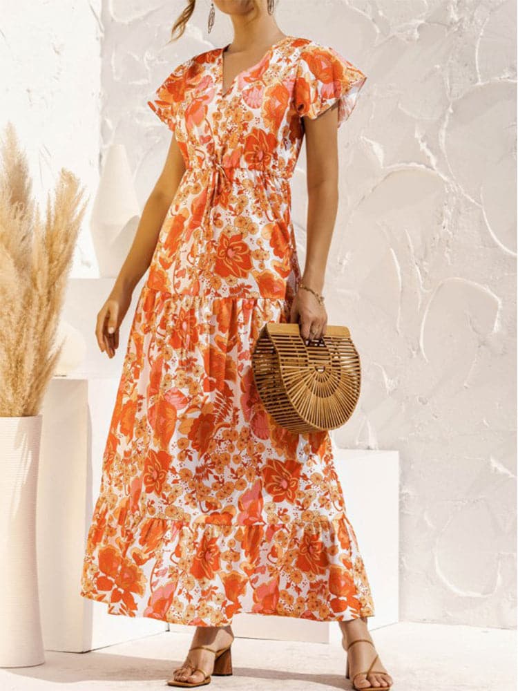 Off Shoulder Shirred Smocked Bodice Ruffle Sleeve Floral Print Maxi Dress