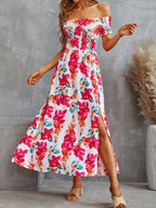 Off Shoulder Shirred Smocked Bodice Ruffle Sleeve Floral Print Maxi Dress
