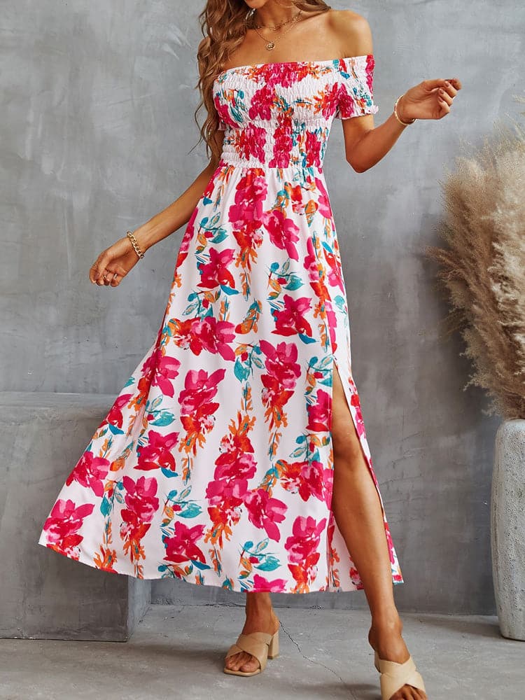 Off Shoulder Shirred Smocked Bodice Ruffle Sleeve Floral Print Maxi Dress