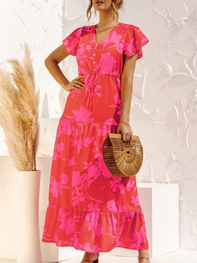 Off Shoulder Shirred Smocked Bodice Ruffle Sleeve Floral Print Maxi Dress