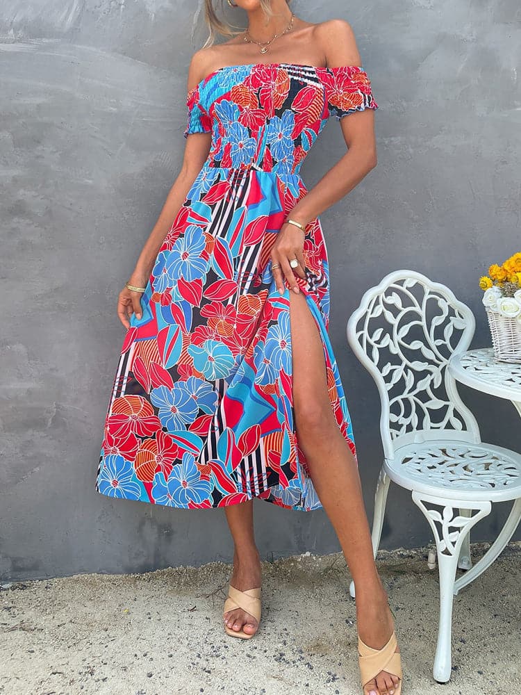 Off Shoulder Shirred Smocked Bodice Ruffle Sleeve Floral Print Maxi Dress
