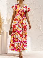 Off Shoulder Shirred Smocked Bodice Ruffle Sleeve Floral Print Maxi Dress
