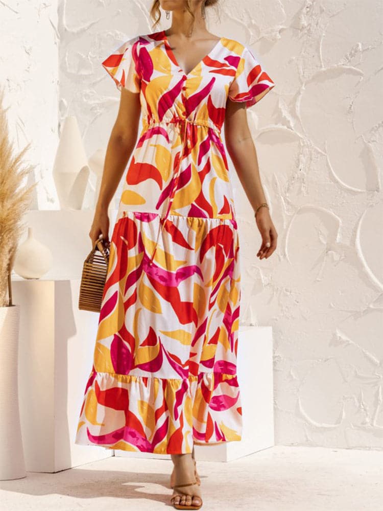 Off Shoulder Shirred Smocked Bodice Ruffle Sleeve Floral Print Maxi Dress