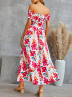 Off Shoulder Shirred Smocked Bodice Ruffle Sleeve Floral Print Maxi Dress