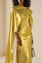 Cayetana Yellow Fringed Maxi Dress with Shawl Detail
