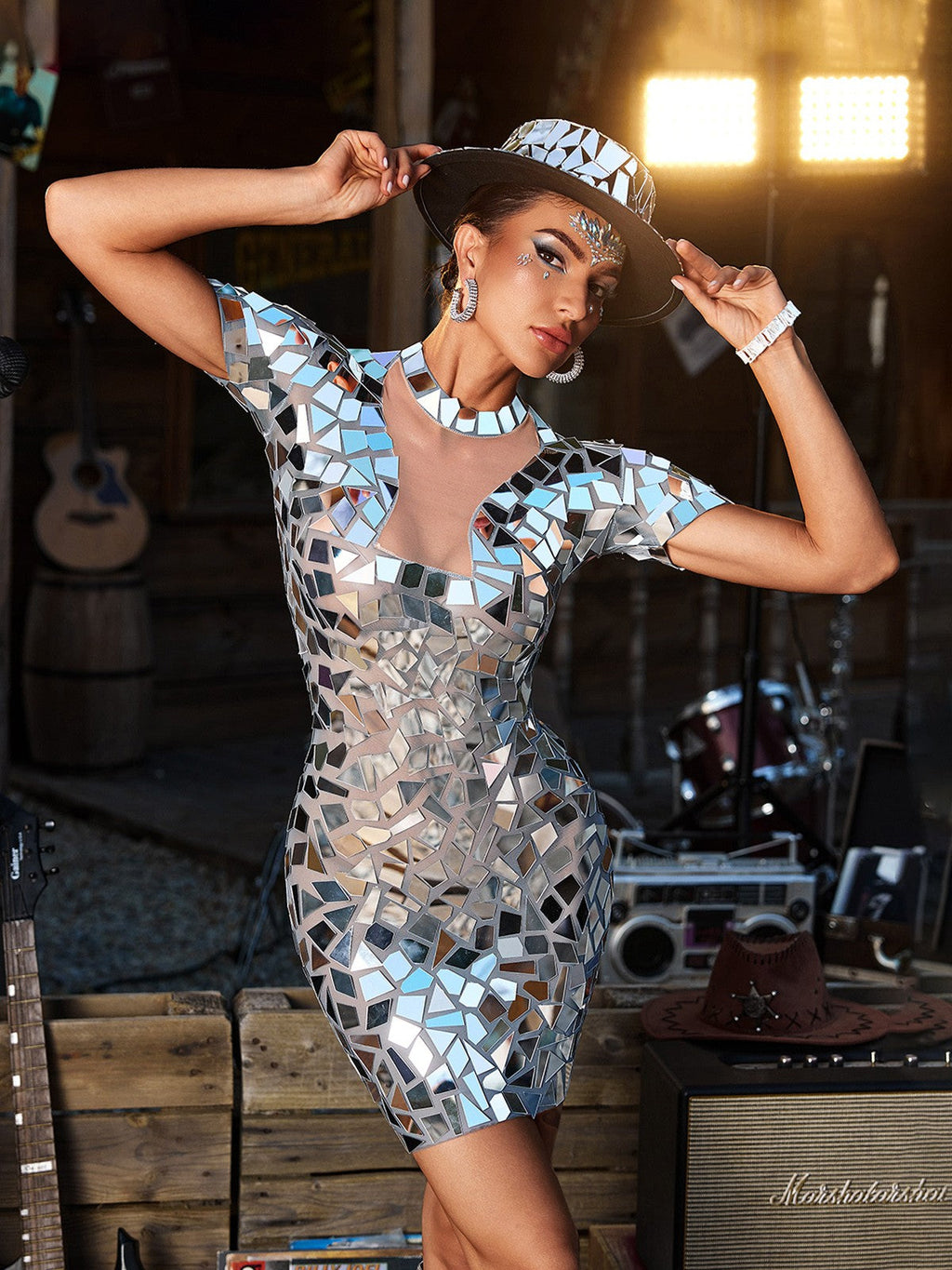 Mirror Mosaic Chest Cut Out Choker Collar Bodycon Mini Dress