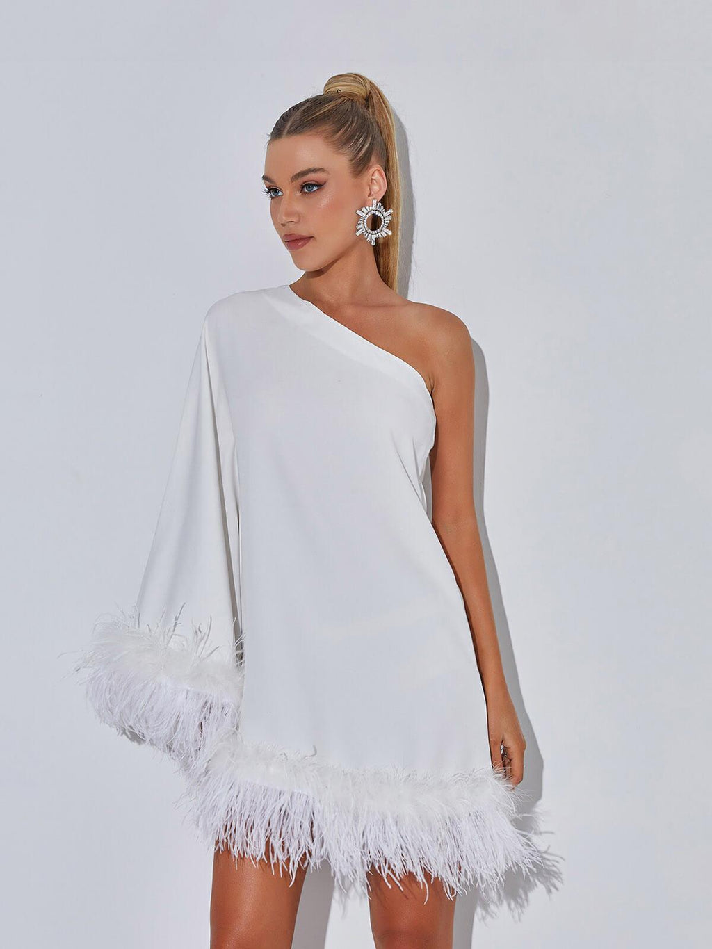 Ceridwen One Shoulder Feather Mini Dress In White