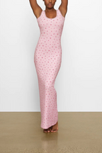 Sara Premium Cherry Red Backless Maxi Dress with Floral Print Designer Edit