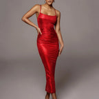Spaghetti Strap Square Neck Ruched Metallic Bodycon Maxi Dress
