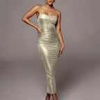 Spaghetti Strap Square Neck Ruched Metallic Bodycon Maxi Dress