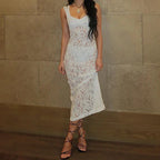 Floral Lace Sheer Scoop Neck Wide Strap Column Maxi Dress