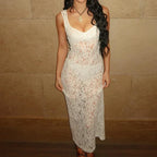 Floral Lace Sheer Scoop Neck Wide Strap Column Maxi Dress