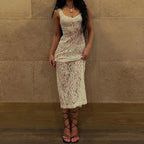 Floral Lace Sheer Scoop Neck Wide Strap Column Maxi Dress